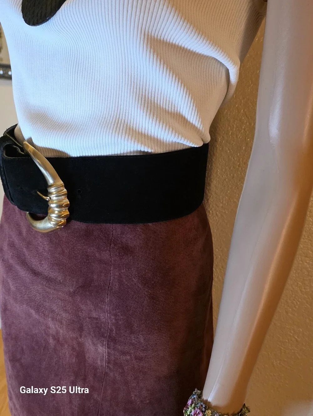 Vtg Kandell Marcus Black Suede Wide Waist Belt Gold Crescent Buckle 1980s USA